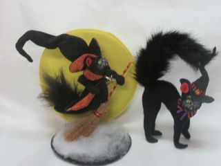 Annalee Scary Black Cat Large Cat On Broom With Moon And Scary Black Cat