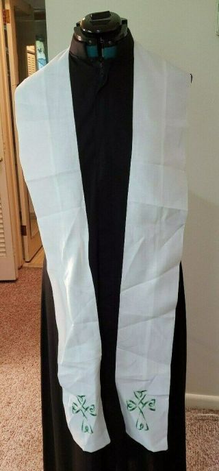 Clergy Stole Liturgical Vestment Hand Crafted White Linen Emboidered Irish Cross