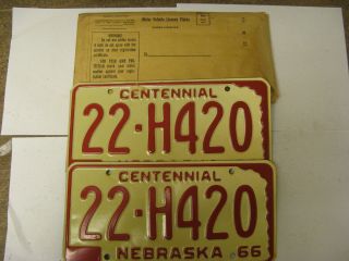 1966 66 Nebraska Nb License Plate Pair 22 - Hr20 Saline County Weed Pot Marijuana