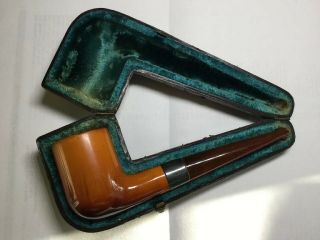 Vintage Butterscotch & Bakelite Tobacco Pipe Sterling Silver Band Leather Case