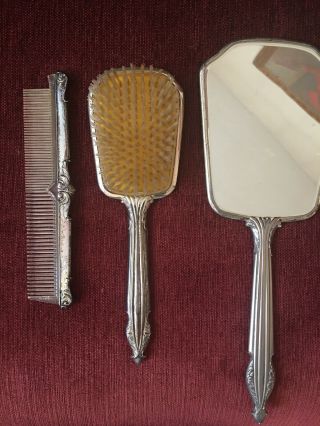 Vintage/antique 3 - Pc Silver/gold Gilt Ormolu Roses Hair Brush,  Comb,  Hand Mirror