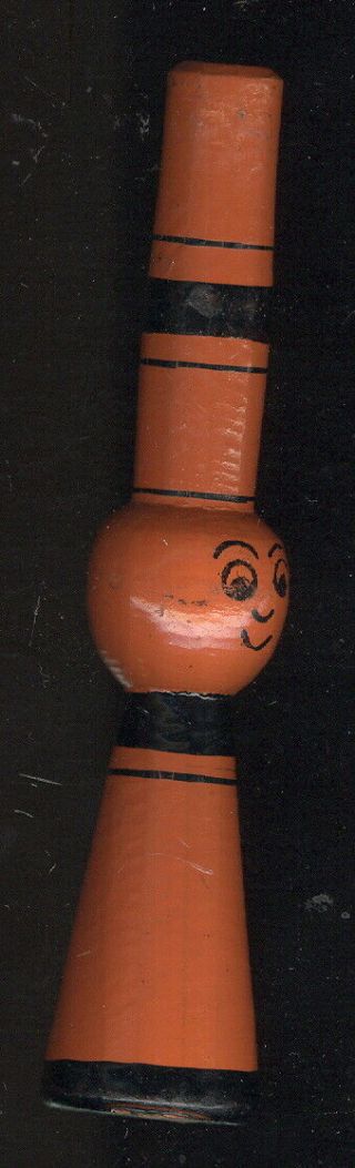1930s Czechoslovakia Made Wooden Whistle,  Bright Orange And Black With Face
