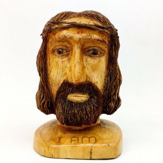 Wood Hand Carved Jesus Head Bust Wooden Crown Of Thorns Sacrifice 10”