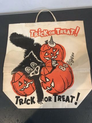 Vintage Halloween Paper Trick Or Treat Bag Black Cat Pumpkin Shopping Old