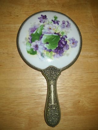 Vintage Antique Porcelain Flower Brass Vanity Hand Mirror Victorian Style