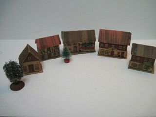 5 Antique German Miniature Putz Paper Cardboard Village Houses Tudor Style
