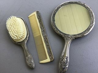 Antique 3 Piece Vanity Set Silver Plated Hair Brush,  Comb And Hand Mirror Set