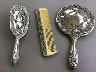 Antique 3 Piece Vanity Set Silver Plated Hair Brush,  Comb and Hand Mirror Set 2