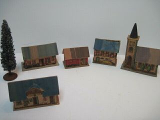 Antique German Miniature Putz Paper Cardboard Church & 4 Village Houses Tudor