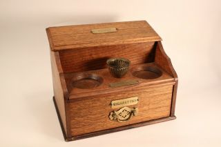 Vtg Tobacco Cigar & Cigarettes Holder Box Oak Lidded Brass Trimmed Storage Case