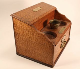Vtg Tobacco Cigar & Cigarettes Holder Box Oak Lidded Brass Trimmed Storage Case 2