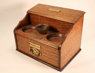 Vtg Tobacco Cigar & Cigarettes Holder Box Oak Lidded Brass Trimmed Storage Case 6