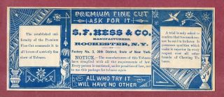 Rare Very Old Cigarette Tobacco Label Hess & Co Rochester N.  Y.  Premium Fine 820