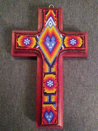 Huichol Hanging Cross Beads On Beeswax 7 3/4 " Deer Head Red Stained Bevel Wood