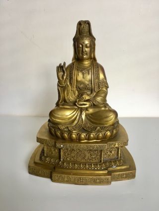 Early 20th Century Chinese Temple Bronze Gilt Bless Guanyin Kwan - Yin Buddha
