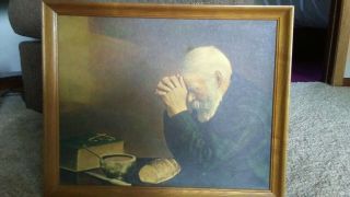 Rare Vintage Grace Picture Old Man Praying At Meal Enstrom Bovey Mn.  Wood Framed