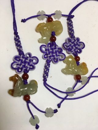 3 Vintage Carved Jade Horses On Silk Knotted Cords 9