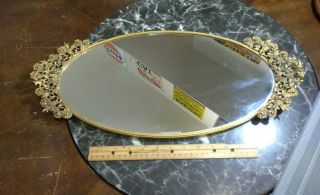 A Large Antique Mirror Tray Vintage Gold Rose Flower Floral Oval.  21 " X 10.  25 "