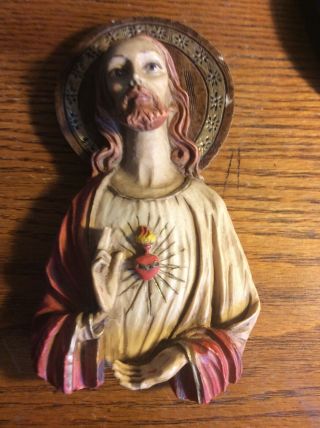 Vintage Jesus Chalkware Wall Plaque Statue Bust Sacred Heart 7” Italy