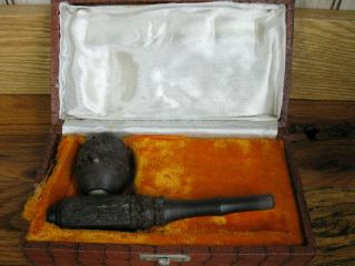 Antique Hand - Carved Wood Wooden Smoking Tobacco Pipe India W/ Storage Box
