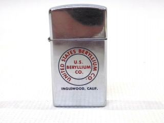 Vtg 1961 Slim Zippo Advertising United States Beryllium Co.  Inglewood Cali Fired