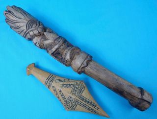 Set Of 2 Antique Old Africa African Tribal Ceremonial Carved Wood Mace Figurine