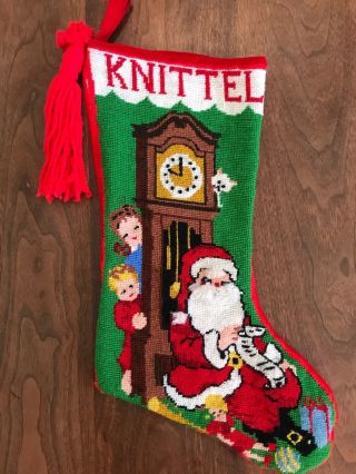 Vintage Finished Bucilla Needlepoint Christmas Stocking Santa Grandfather Clock