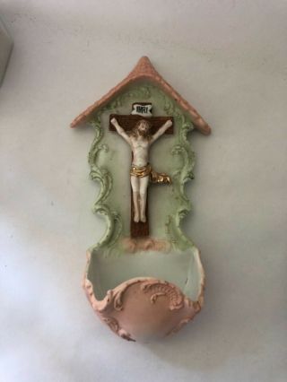 Antique Germany Holy Water Font Wall Porcelain Bisque Jesus Crucifix Cross 8”