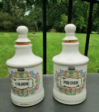 Vtg Antique Porcelain Apothecary Jars Cologne & Peroxide French Bottle W Stopper
