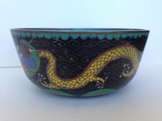 Antique Vintage Chinese Cloisonne Enamel Imperial Yellow Dragon Bowl. 2