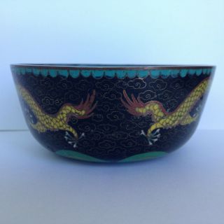 Antique Vintage Chinese Cloisonne Enamel Imperial Yellow Dragon Bowl. 3