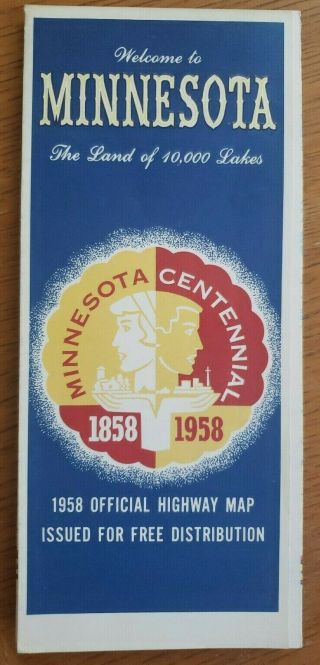 Vintage Minnesota State Official Highway Map 1958 Centennial Travel Souvenir