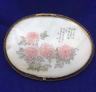 Vintage Shell & Brass Japanese Hand Painted Compact Pink Flowers Signed