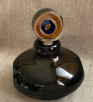 Vintage Round Perfume Bottle Heavy Amber Cut Glass With Art Glass Stopper