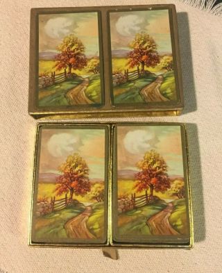 Vintage The United States Playing Card Company 2 Decks W/ Box Fall Scene