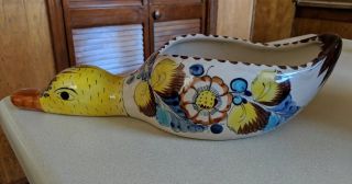 Vintage Tonala Mexican Pottery Duck Planter Signed " Cat Mexico 4 "