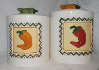 Clay Art Chili Pepper Large 9 " & Medium 8 " Canister Set Of 2 1999 Hand Painted