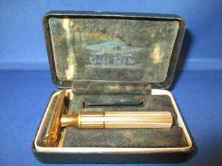 Vintage Gillette Gold Tech Fat Handle Safety Razor With Case