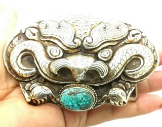 Chinese Export Dragon Turquoise Sterling Silver 925 Belt Buckle 76g Poe600