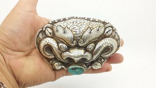 Chinese Export Dragon Turquoise Sterling Silver 925 Belt Buckle 76g POE600 2
