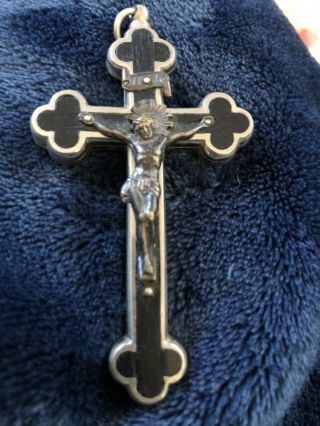 Ebony Inlay Scalloped Pectoral Crucifix Cross Vintage Silver Metal