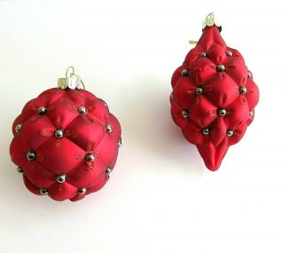 Red Glass Christmas Ornament Beads Quilted Glitter Set Of 2 Round Ball Teardrop