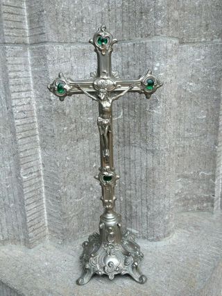 Antique Vintage Ornamental Art Nouveau Metal Altar Standing Crucifix Jesus