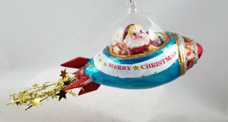 Santa In Space Rocket Space Ship Glass Ornament Space Age Merry Christmas