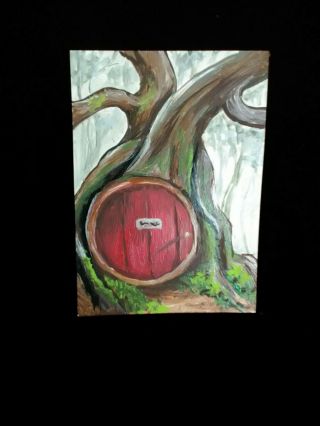Tree House Painting Art Trading Card Signed Aceo Red Door Fantasy Elf