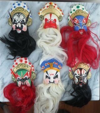 6 Chinese Opera Masks Faces Huishan Clay Figurines Wall Hang 4 "