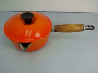 Le Creuset 14 Flame Orange Cast Iron/enamel Wood Handle Sauce Pan/pot & Lid