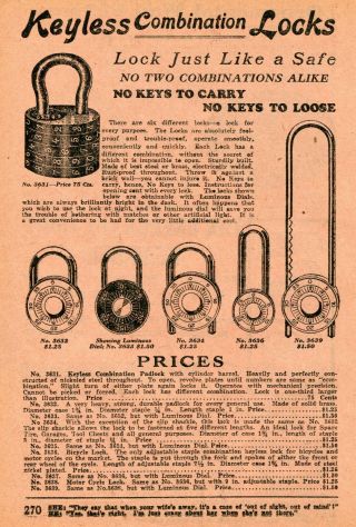1922 Small Print Ad Of Keyless Combination Locks Padlocks Luminous