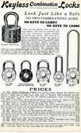 1926 Small Print Ad Of Keyless Combination Locks Padlock Motorcycle & Bicycle