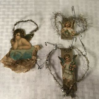 Q5 Vtg Antique Victorian Die Cut Christmas Ornament Paper Tinsel Scrap Angel